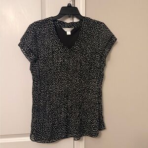 Christopher & Banks Black V-Neck Top with White Dot Print